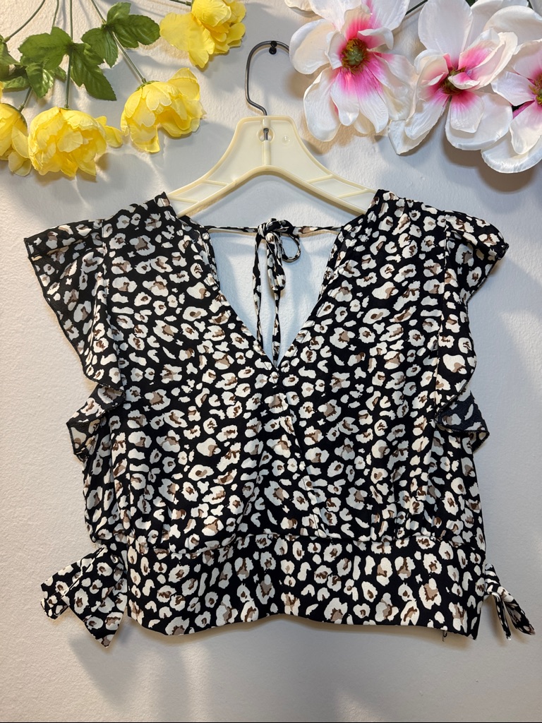 Leopard Print V-Neck Blouse - Black, White & Brown